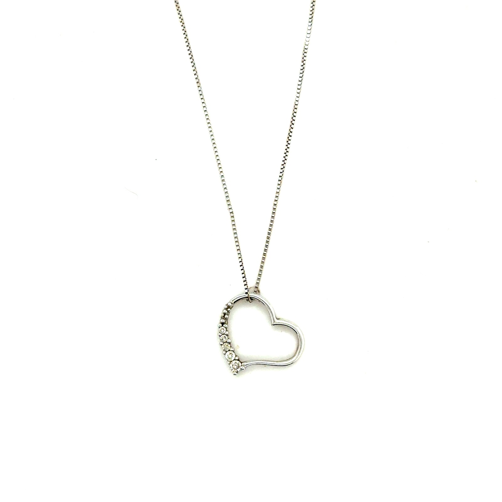 10k White Gold Diamond Heart Pendant Necklace 19 Inch Box Chain 1.43g